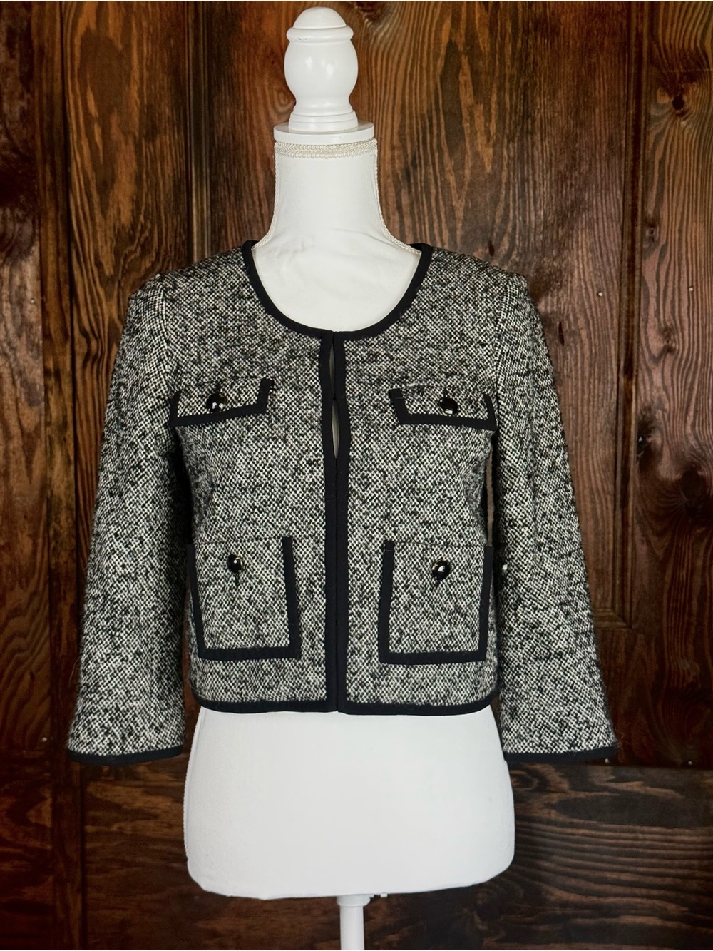 kate spade Black and White Tweed Trimmed Cropped Blazer